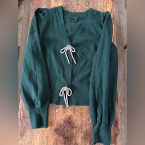 Express Green Silver Bows Cardigan Sweater L